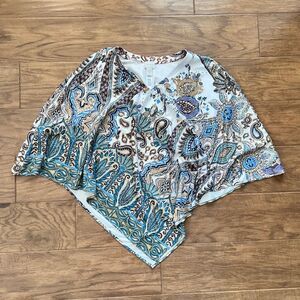 Chico's Poncho Size S/M Paisley Print Sueded Fabric White Brown Blue Green